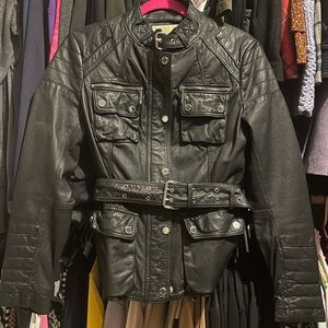 ❌SOLD❌ Cafe Racer Biker Bel Staffish Black  leather silver zipper belted Jacket